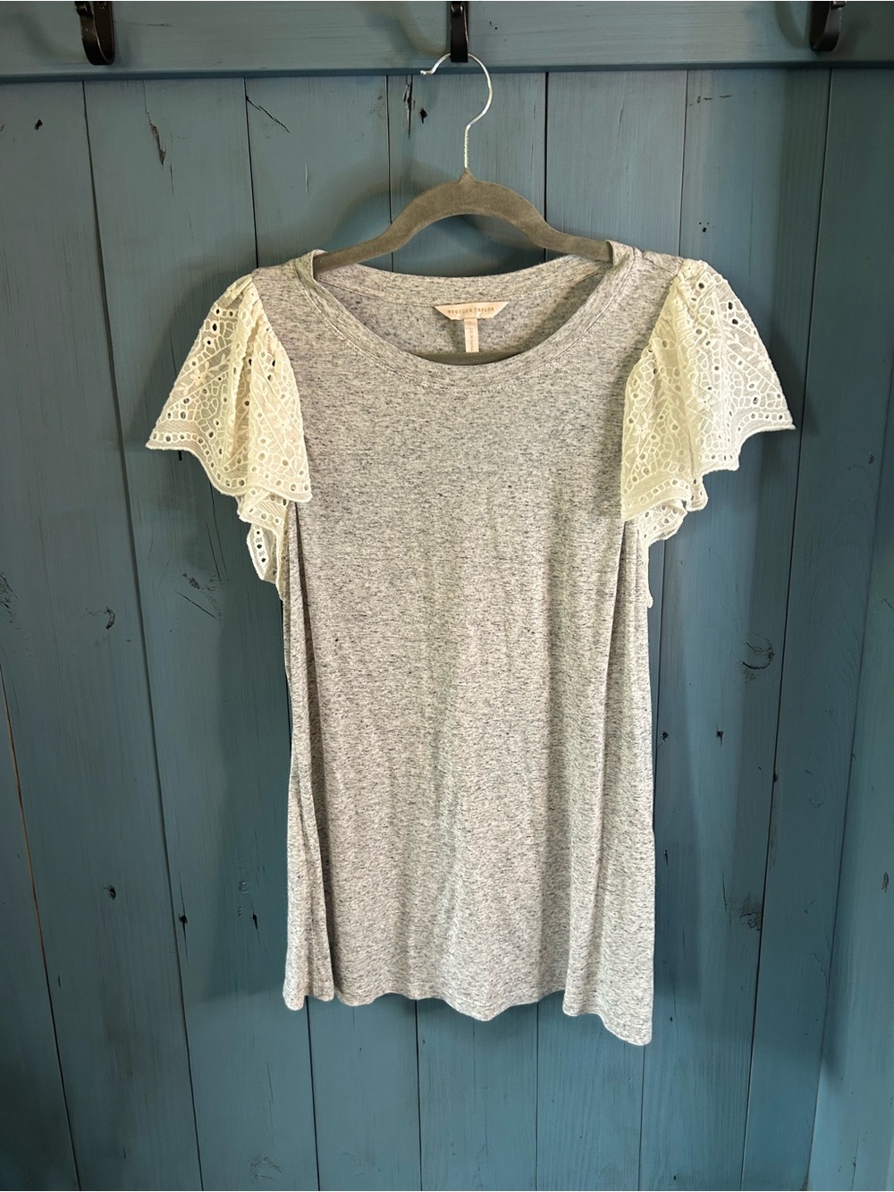 Rebecca Taylor Gray Tee with Cream Eyelet Flutter Sleeves | Size Large $225